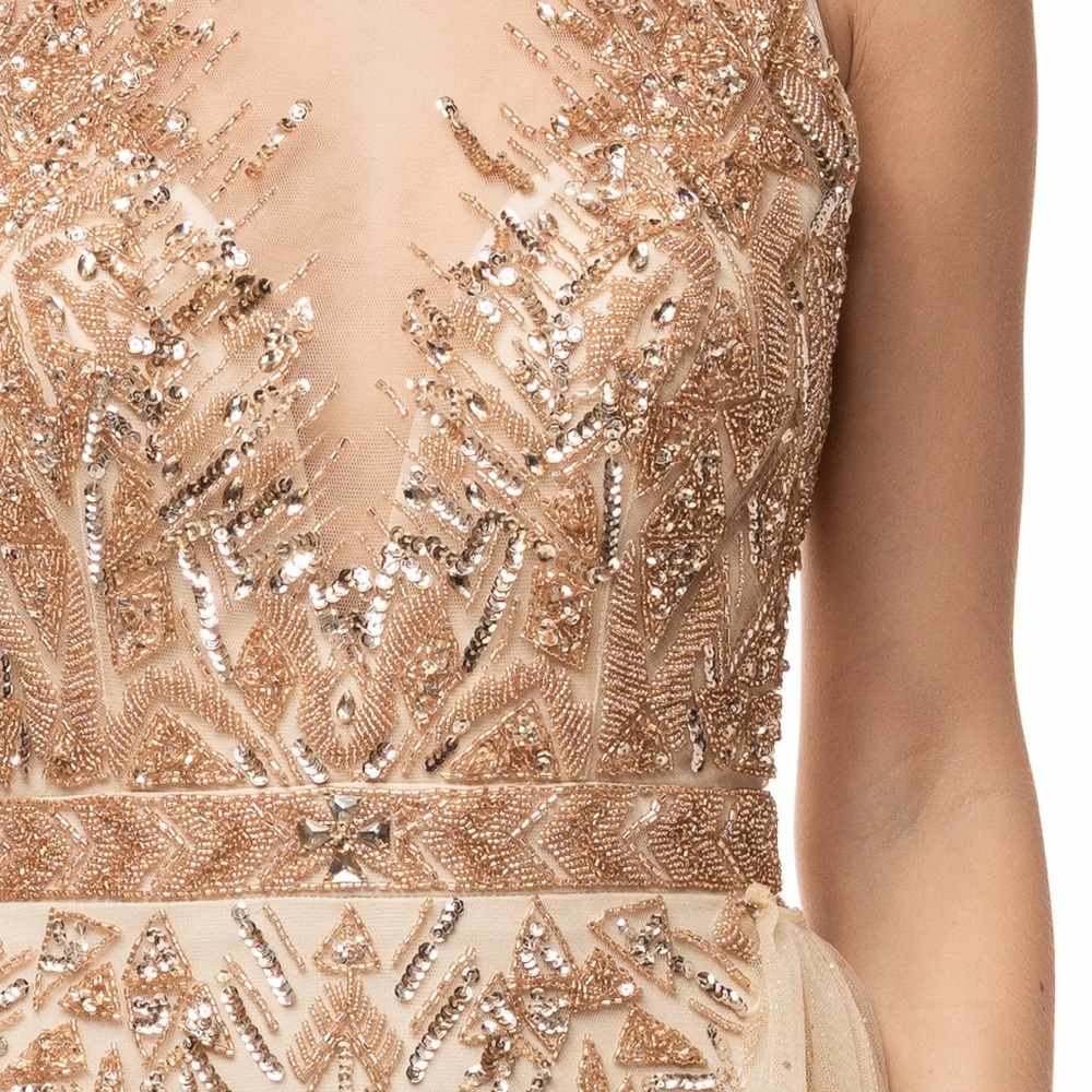 GOLD PROM GOWN DRES WITH DETACHABLE SKIRT EMBELLISHED MERMAID